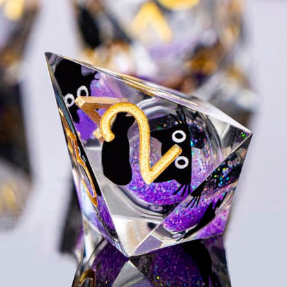 DND Cat Dice Set Purple Sharp Edge Dice with Box, RPG D and D Dice Dungeons Dragons Role Playing Game Polyhedral Resin Dice Set D20 D12 D10 D8 D6 D4 - color: Golden Purple