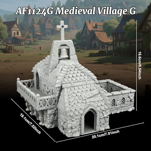 AUSPDICE RPG Accessory, 25mm Medieval Village Church Tabletop RPG Terrain | 1:64 Unpainted Fantasy Chapel with Bell Tower, DND Terrain Building for Dungeons and Dragons, TTRPG Wargame Scenery-AF1124G - color: Af1124g Medieval Village G