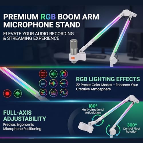 Asixxsix Microphone Boom Arm, Metal Adjustable Rotatable RGB Mic Stand with 3/8 to 5/8 inch Screw Adapter Desk Mount Clamp 2.2lbs Capaicty Heavy Duty for Gaming Streaming Podcast
