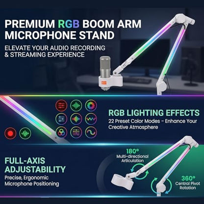Asixxsix Microphone Boom Arm, Metal Adjustable Rotatable RGB Mic Stand with 3/8 to 5/8 inch Screw Adapter Desk Mount Clamp 2.2lbs Capaicty Heavy Duty for Gaming Streaming Podcast