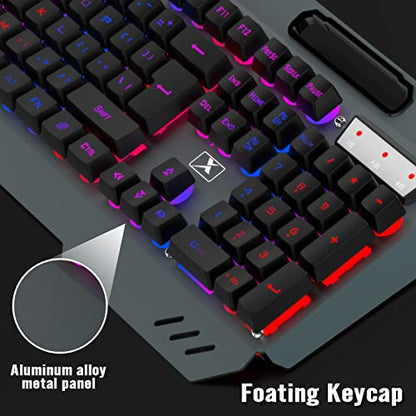 Wireless Gaming Keyboard and Mouse Combo,Rainbow LED Backlit Keyboard with Rechargeable 3800mAh Battery Metal Panel,Removable Wrist Rest Mechanical Feel and 7 Color Mute Gaming Mice for PC PS4 PS5 - color: Black LED Mix