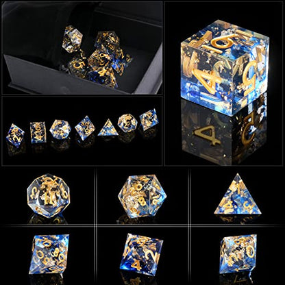 DND Dice Set Handmade 7 Accessories Sharp Edge Dice for Dungeons and Dragons TTRPG Games, Multi-Sided RPG Polyhedral Resin Sharp Edge Dice Roleplaying Games - color: Blue Gold 03