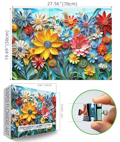 MINIWAN 1000 Piece 3D Quilled Paper Art Flower Jigsaw Puzzle | 27.5"x19.7", Letters on Back, Reference Poster, Hard Color Challenge, For Adults & Seniors - color: Flowers With Paper Art