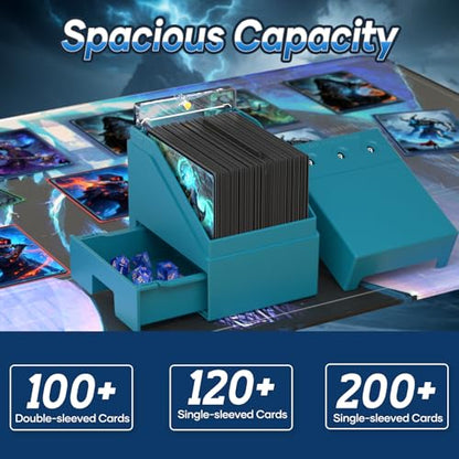 Proijeut Mtg Deck Box with Life Counter, Commander Deck Box Fits 100 Double-Sleeved Cards, Magic Card Storage Box with Commander Display & Dice Tray, Fit for MTG, TCG, CCG (Teal) - color: Teal