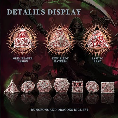 DND Dice Set,HNCCESG DND Hollow Polyhedral Dice Red White Grim Reaper Metal 7Pcs Dice Set with Gift Box for Dungeons and Dragon Tabletop Game for MTG RPG(Matt red White) - color: Matt Red White Ss
