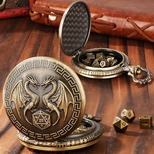 Mini DND Dice Set with Steampunk Double Dragon Pocket Watch Case, Tiny 7-Piece Polyhedral Metal D&D Dice, DND Gifts with Gift Box, Role Playing Game Board Game Accessories Dice, Bronze - color: Bronze