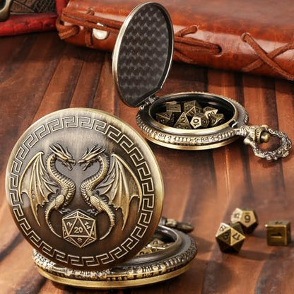 Mini DND Dice Set with Steampunk Double Dragon Pocket Watch Case, Tiny 7-Piece Polyhedral Metal D&D Dice, DND Gifts with Gift Box, Role Playing Game Board Game Accessories Dice, Bronze - color: Bronze