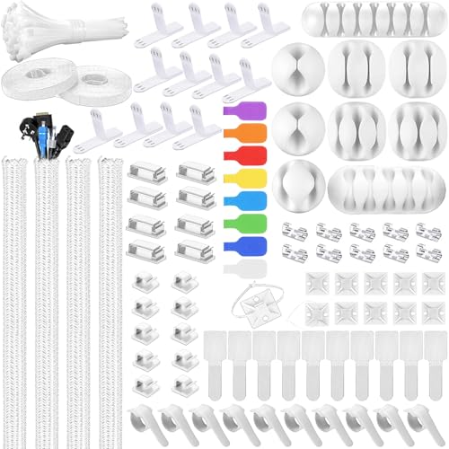 193 PCS Cable Management Kit - 4 Cable Sleeve, 57 Self Adhesive Cable Clips, 12 Hanging Strips, 12 Cable Organizer Straps and 100 Fastening Cable Ties for TV Computer Under Desk (White) - color: White