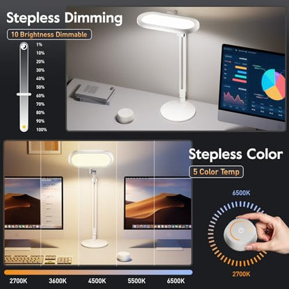 Premium LED Desk Lamp, Dual-Sided Soft Lighting with Knob Remote | Eye-Caring Diffused Light for Home Office, Video Conferencing, Zoom, Reading, Study, Craft, Stepless Dimming & Color, Memory - color: White