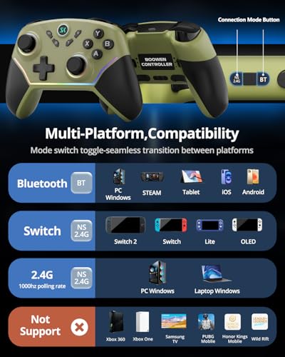 Multi-Platform Wireless Controller, PC Gaming Controller with 2.4G Adpater/Hall Joysticks/Hall Triggers/1200 mAh Battery/4 Programmable Buttons/RGB Lighting, Compatible with PC Windows 7/8.1/10/11, Switch/OLED/Lite, iOS, Android, Steam-Army Green - color: