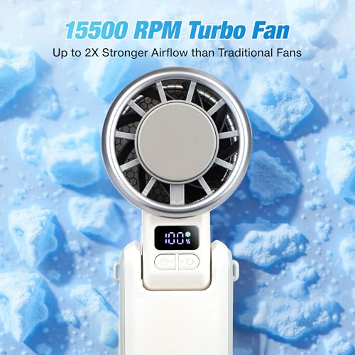 Portable Ice Cooling Handheld Turbo Fan, 100 Speeds, 4000mAh, Speed Display | 15,500 RPM brushless motor, USB-C charging, digital display, foldable desk mode and wearable neck use with included lanyard.