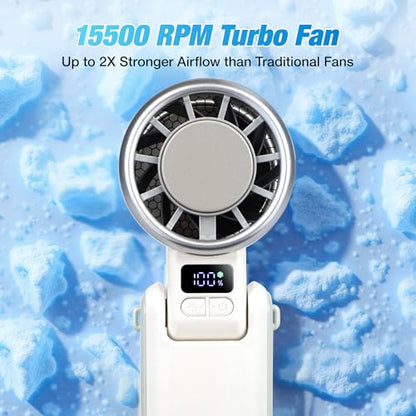 Portable Ice Cooling Handheld Turbo Fan, 100 Speeds, 4000mAh, Speed Display | 15,500 RPM brushless motor, USB-C charging, digital display, foldable desk mode and wearable neck use with included lanyard.