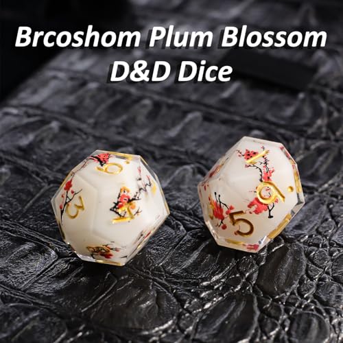 DND Dice Set 7 PCS Resin Dungeons and Dragons Dice with Plum/Cherry/Flower Blossom for Tabletop Games, Gift with Box for D&D, RPG, MTG (Polyhedral)