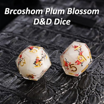 DND Dice Set 7 PCS Resin Dungeons and Dragons Dice with Plum/Cherry/Flower Blossom for Tabletop Games, Gift with Box for D&D, RPG, MTG (Polyhedral)
