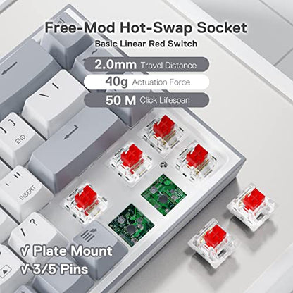Redragon K631 Gery 65% Wired RGB Gaming Keyboard, 68 Keys Compact Mechanical Keyboard w/100% Hot-Swap Socket, Free-Mod Plate Mounted PCB & Dedicated Arrow Keys, Quiet Red Switch - color: White & Grey 65% Wired