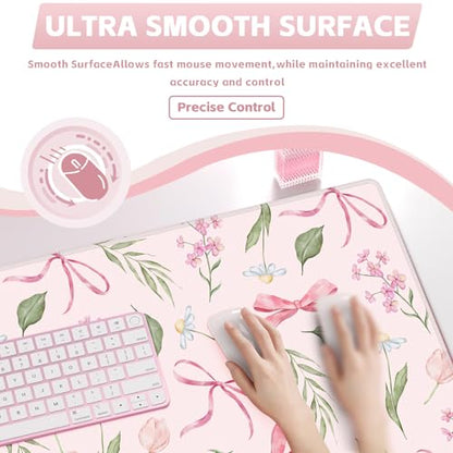 Baziabbo Pink Desk Mat,XXL Extended Big Mouse Pad,Gaming Mousepad with Stitched Edge,Non-Slip Rubber Base Keyboard Desk Pad for Home Office Study Game - color: Bowknot Flower