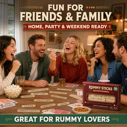 Rummy Sticks Card Game Set with 50 Sticks, for 2-8 Players, Portable Travel Game with Box and Instructions for Family Game Night and Gatherings