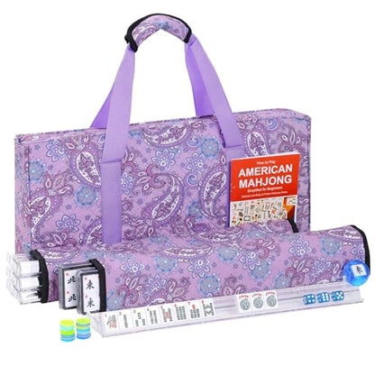 American Mahjong Tile Set, 166 White Tiles Mahjong Set, 4 Transparent All-in-One Racks/Pushers, Complete Game Set with Purple Printed Carrying Bag - color: Purple