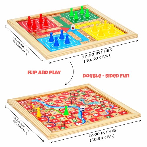 Ankit Toys & Games 2 in 1 Ludo & Snakes & Ladders Wooden Board Game – Premium Reversible Solid Family Game Set Classic Strategy & Luck Game Perfect Educational Gift for Kids & Adults Durable Board