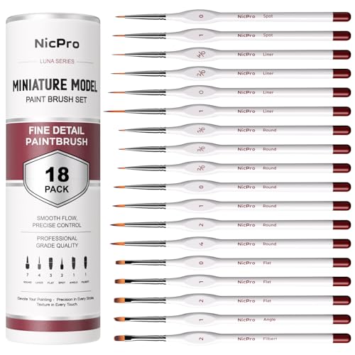 Nicpro 18 PCS Miniature Paint Brushes, Micro Model Detail Paint Brush Set | Fine Detailing for Acrylic Watercolors Oil, Paint by Number, Models, Miniatures, Craft, Figurine - with Container - size: 18 Pack