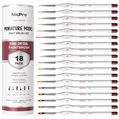 Nicpro 18 PCS Miniature Paint Brushes, Micro Model Detail Paint Brush Set | Fine Detailing for Acrylic Watercolors Oil, Paint by Number, Models, Miniatures, Craft, Figurine - with Container - size: 18 Pack