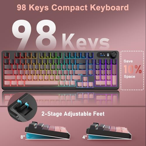 BlueFinger Wireless Gaming Keyboard, RGB Backlit, Tri-Mode Bluetooth/2.4G/USB-C, 98 Keys Quiet Keyboard with Number Pad, Volume Knob & Screen, Side Printed PBT Keycaps for PC/Mac/Laptop - style: Wireless Keyboard