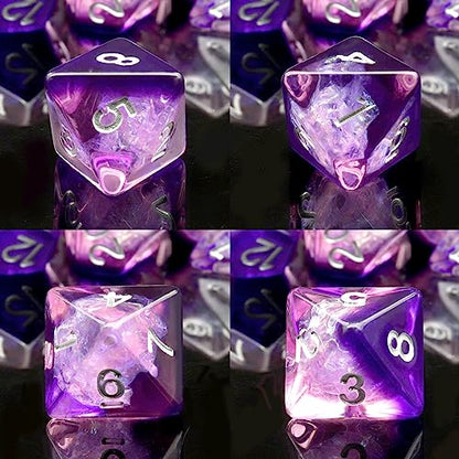 Haxtec DND Dice Set Purple Resin Polyhedral Dice with Dice Bag, Iridecent Mylar Inclusion D and D Dice for D&D Dungeons and Dragons TTRPG Gifts - color: Purple