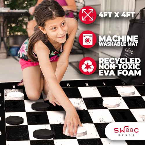 Swooc Games - 3-in-1 Giant Chess, Checkers, & Chess Tac Toe Game with Mat (4ft x 4ft) - Machine-Washable Canvas & 5" Big Foam Discs - Giant Chess Set Outdoor & Checkers Board Game for Adults & Kids