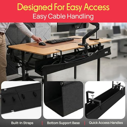 Pyle 36" Under Desk Cable Management Tray, Under Desk Wire Organizer with Clamp or Screw Mount, Desk Cable Organizer with Fabric Design for Large Workstations, Built-in Ties, 20 lb Capacity, Black - size: 36"