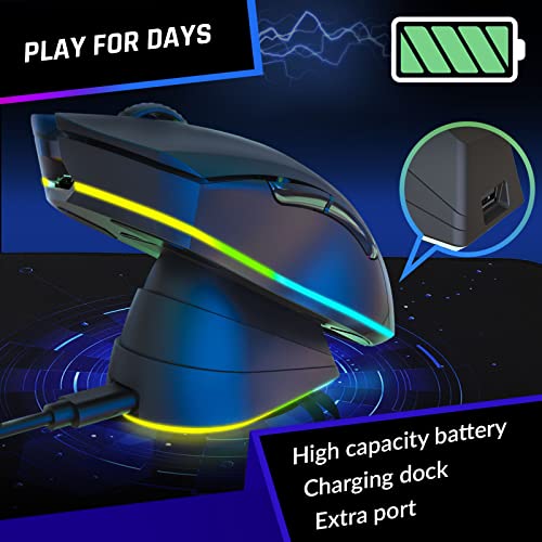 KLIM Blaze Pro Rechargeable Wireless Gaming Mouse with Charging Dock RGB - New Version - High-Precision Sensor and Long-Lasting Battery - Up to 6000 DPI - Great PC Gaming Mouse Wireless - color: Black
