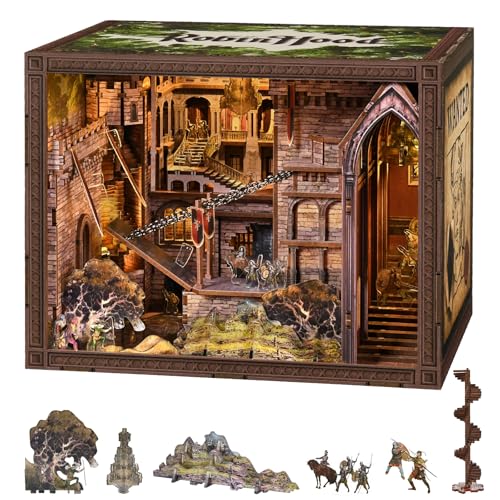 MiniCity Robin Hood Escape DIY Book Nook Kit, Bookshelf Insert with LED | 351-piece DIY book nook with LED and dust cover; glue/tools and guide included; 8-10 hr build for home decor, ages 14+. - style: Robin Hood