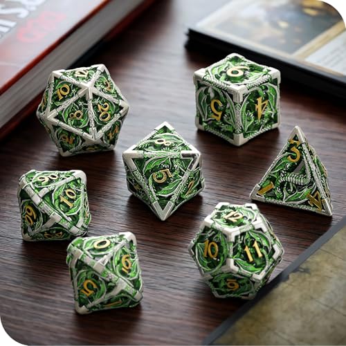 MoKo Dragon Hollow Metal DND Dice Set, Green+Gold | 7 Pcs Polyhedral, D20 D12 D10 D8 D6 D4, For Dungeons and Dragons RPG Games, With Gift Box - color: 4 - Green+gold