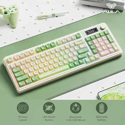 AULA S99 Pro Wireless Keyboard, Display Screen & Media Knob, Tri-Mode Bluetooth/2.4G/USB-C RGB Creamy Gaming Keyboard with Number Pad Macro Keys, Custom Computer Keyboards for Laptop PC Gamer - Green - color: Green White