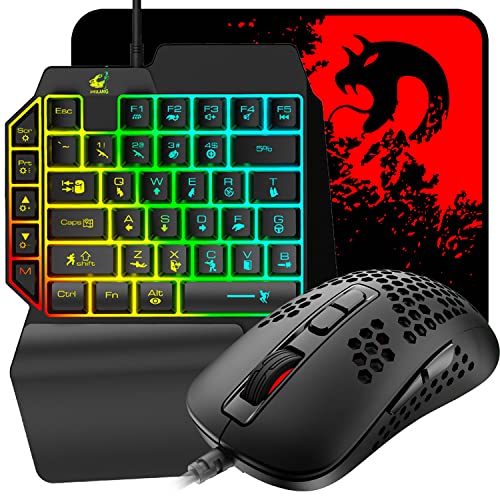 One-Handed RGB Gaming Keyboard Mouse and Mouse Pad 3 In 1 Combo 39 Keys with Wrist Rest Mini Gaming Backlit Keypad 7 Buttons 6400 DPI RGB Backlight Mouse Compatible with Computer/PC/Laptop Gamers