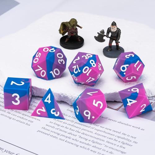 DND Silicone Rubber Polyhedral D&D Dice Set,Sharp Edges Soft Perfect Bouncer for Dungeons and Dragons, RPG, MTG (D4, D6, D8, D10, D12, D20, D%) for Ages 15 and Up - color: Blue Purple Rose Red