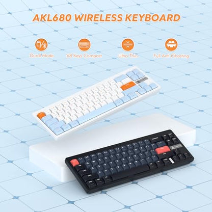 A.JAZZ AKL680 65% Low Profile Wireless Mechanical Keyboard, BT/2.4Ghz Dual Mode 68 Keys Gaming Keyboard with Ultra-Thin Red Switches for PC/Laptop/Windows/Mac(Blue/White) - color: Blue/White/Red Switch