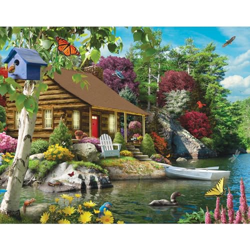 Bits and Pieces - 50 Piece Jigsaw Puzzle for Seniors - 15" x 19" - Cabin on The Lake - 50 pc Large Lettered Pieces Colorful Scenic Jigsaw - size: 50 Piece Puzzle