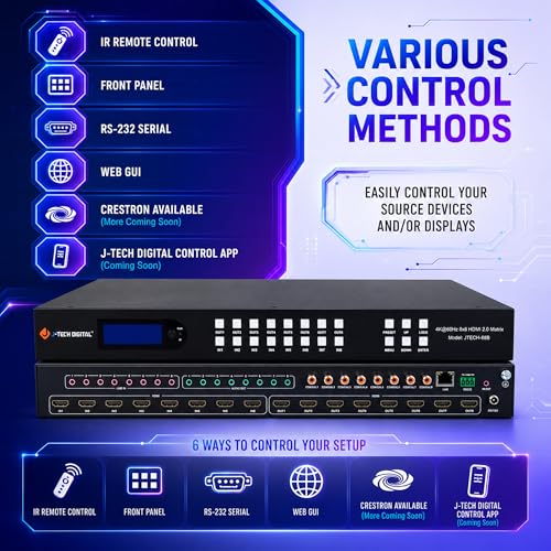 J-Tech Digital 8x8 HDMI Matrix Switch 4K 60Hz HDMI 2.0, Compatible with HDR Dolby Vision Audio Embedding Extraction Web GUI [JTECH-88MU] - size: 4K60 8x8 HDMI Matrix