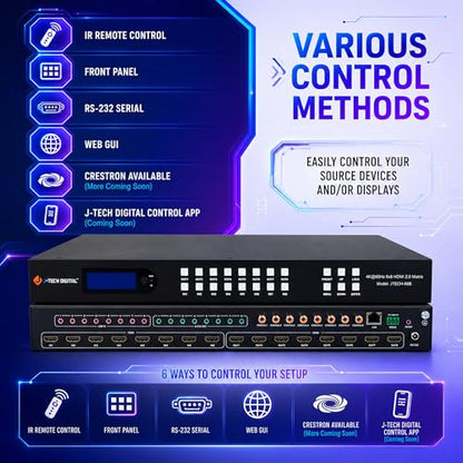 J-Tech Digital 8x8 HDMI Matrix Switch 4K 60Hz HDMI 2.0, Compatible with HDR Dolby Vision Audio Embedding Extraction Web GUI [JTECH-88MU] - size: 4K60 8x8 HDMI Matrix