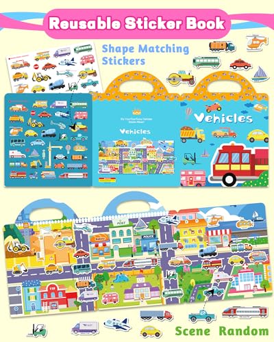 Walenced Reusable Sticker Book for Toddlers, Travel Stickers for Kids, Toddler Craft Activities Toys, Birthday Gifts for Boys & Girls - style: Traffic
