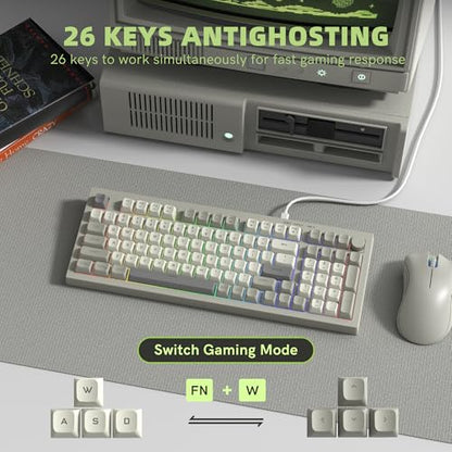 womier DK98 Retro Wired Gaming Keyboard Creamy Membrane with Rainbow RGB Backlight - Quiet,Volume Knob,PBT Keycap 97 Key ANSI Layout Compatible with Windows 10/8.1/8/7 (Grey)