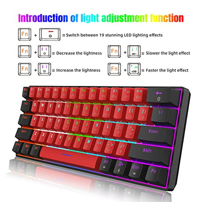Snpurdiri 60% Wired Mechanical Keyboard (Black-Red, Red Switches) | Mini Gaming Keyboard with 61 Keys for PC, Windows XP, Win 7, Win 10 - color: Black Red/Red Switch