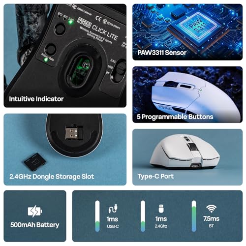 EPOMAKER Click Lite Wireless Gaming Mouse, 800 to 12,000 DPI Adjustable, PAW3311 Sensor, 500mAh, 59g, 2.4G/BT/USB-C Rechargeable Wireless Mouse with 5 Programmable Buttons for PC/Mac/Linux (White) - color: White