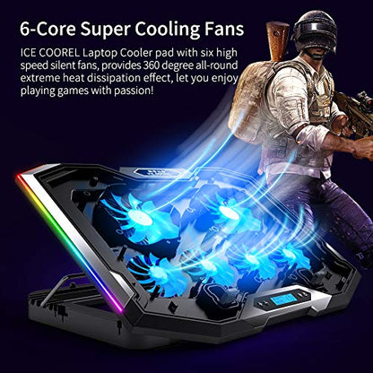ICE COOREL Gaming Laptop Cooling Pad 15-17.3 Inch, Laptop Fan with 6 RGB Cooling Fans, Laptop Cooling Stand with 6 Height Adjustable, Laptop Cooler with LCD Screen, 2 USB Ports, Phone Stand - size: 6 Fans