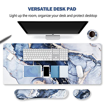 ARTSO Large Gaming Mouse Pad, Keyboard Wrist Rest Pad & Wrist Support Mousepad Set, Stitched Edge, Extended, Non-Slip Base, Memory Foam,Multifunctional Desk Mat 4pcs for Office & Home, Gilt Marble - color: Gilt Marble