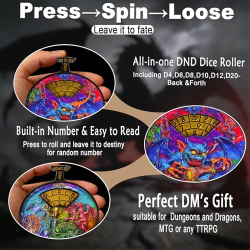 DND Dice Roller D4-D20 Metal Pocket Watch 3D Dragon Art Rainbow | All-in-one dnd spinner dice. metal pocket watch design.press to roll. zinc alloy metal. mtg ttrpg gifts - color: Dice Roller-rainbow