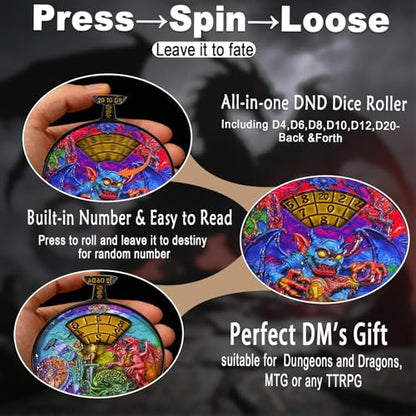 DND Dice Roller D4-D20 Metal Pocket Watch 3D Dragon Art Rainbow | All-in-one dnd spinner dice. metal pocket watch design.press to roll. zinc alloy metal. mtg ttrpg gifts - color: Dice Roller-rainbow