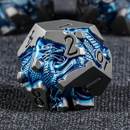 Roycevon Relief Dragon DND Dice Set for Role Playing Game, 7Pcs Metal D&D Dice Set Dungeons Dragons with Gift Box, Polyhedral D and D Dice D20 D12 D10 D8 D6 D4, Blue and Black - color: Blue and Black