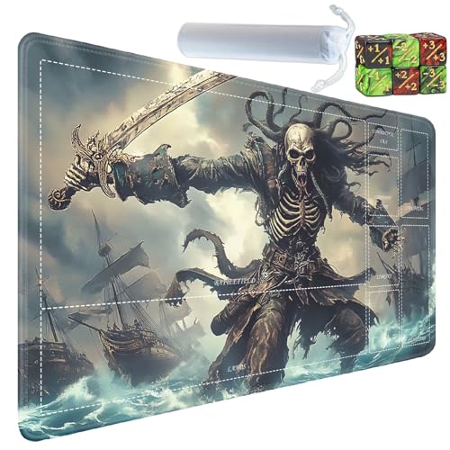for MTG/TCG Playmat with Zones, 24 x 14 inches Trading Card Playmat with A Storage Bag and 6 Dice, Non-Lip Rubber Bottom Game Desk Mat, Skeleton Pirate - color: Yux-playmats-2-3A-243
