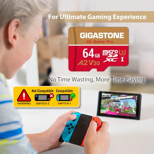 【For Switch 1 Only】GIGASTONE 64GB Micro SD Card, 4K Game Pro, MicroSDXC Memory Card for Gaming Console, Security Camera, UHD Video, up to 95/35MB/s, UHS-I U3 A2 V30 【5-Years Data Recovery】 - color: 64GB 4K Game Pro 1-Pack